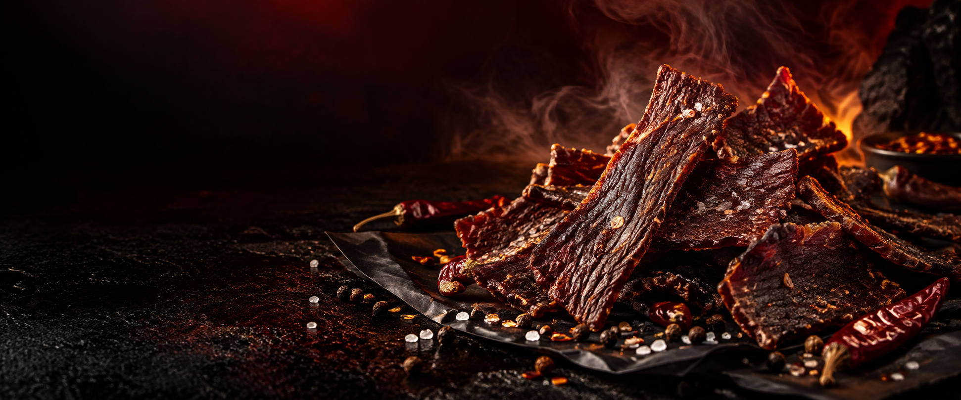 Artisan beef jerky with chile, pepper, and sea salt
